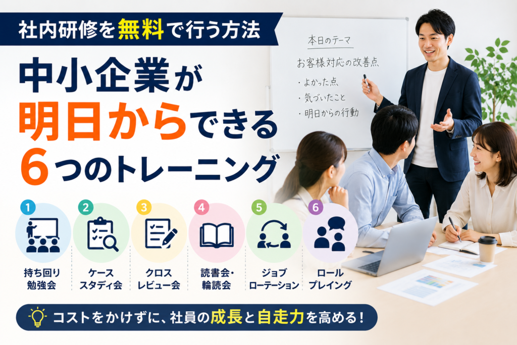 社内研修を無料で行う方法を話し合う中小企業の社員と管理職のアイキャッチ画像