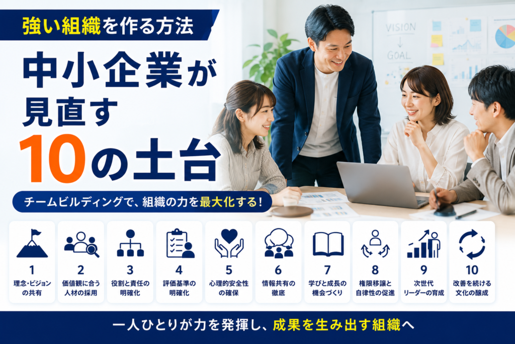 強い組織を作る方法を話し合う中小企業の経営者と社員のチームビルディングのアイキャッチ画像