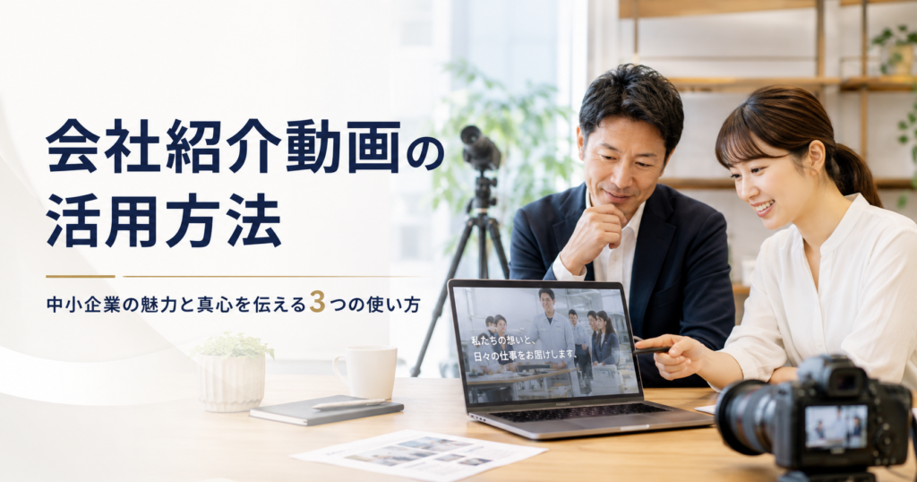 会社紹介動画の活用方法や中小企業の魅力を動画で伝える方法を確認する経営者と担当者のアイキャッチ画像