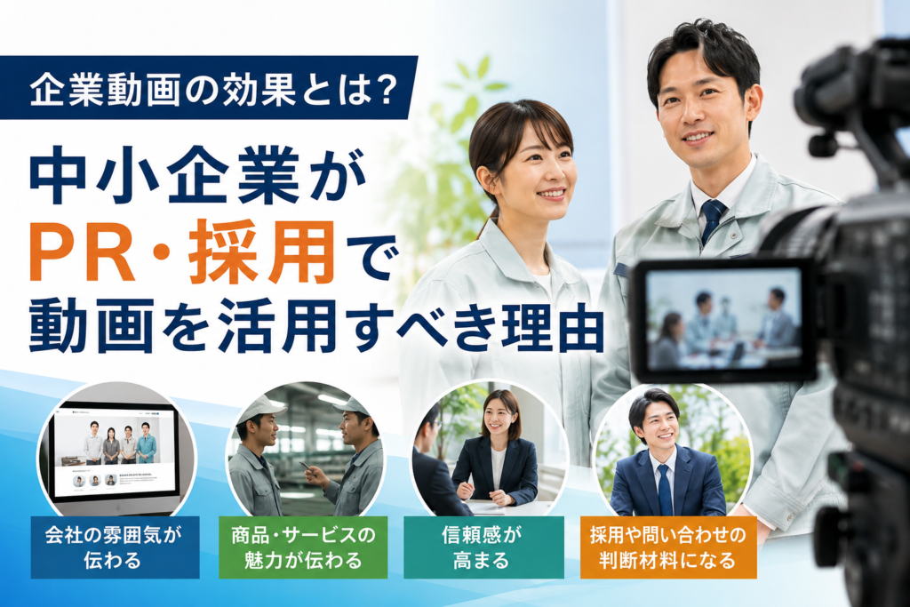 企業動画の効果やPR・採用で動画を活用する理由を確認する中小企業の経営者と担当者のアイキャッチ画像