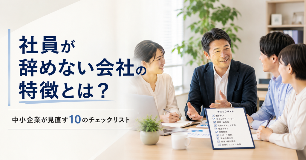 社員が辞めない会社の特徴や中小企業が社員定着のために見直すべきチェックリストを話し合う経営者と人事担当者のアイキャッチ画像
