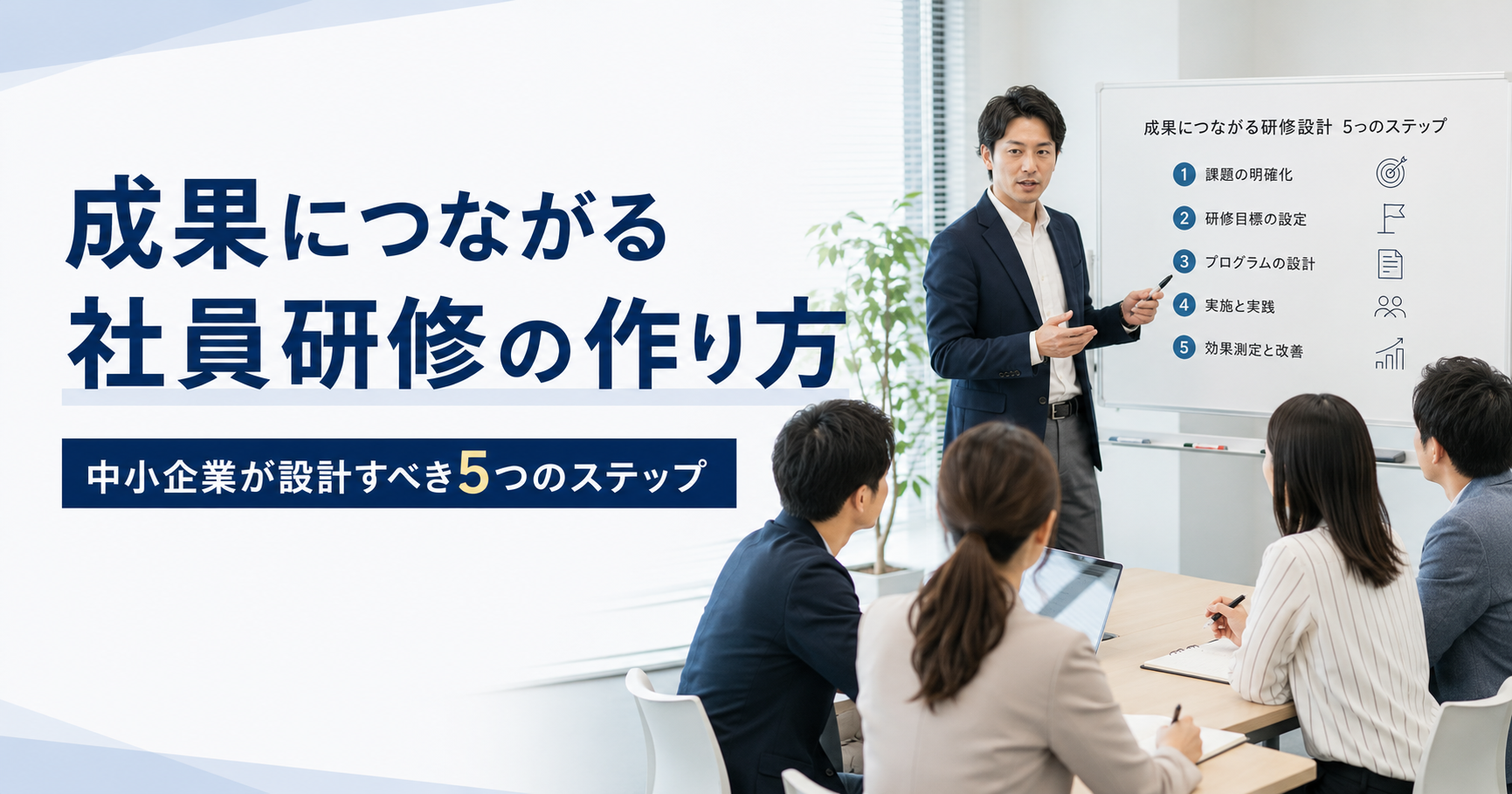 成果につながる社員研修の作り方や中小企業が設計すべき5つのステップを話し合う経営者と人事担当者のアイキャッチ画像
