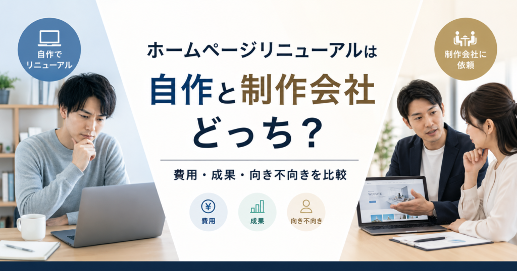 ホームページリニューアルを自作するか制作会社に依頼するか、費用や成果、向き不向きを比較する中小企業の経営者とWeb担当者のアイキャッチ画像