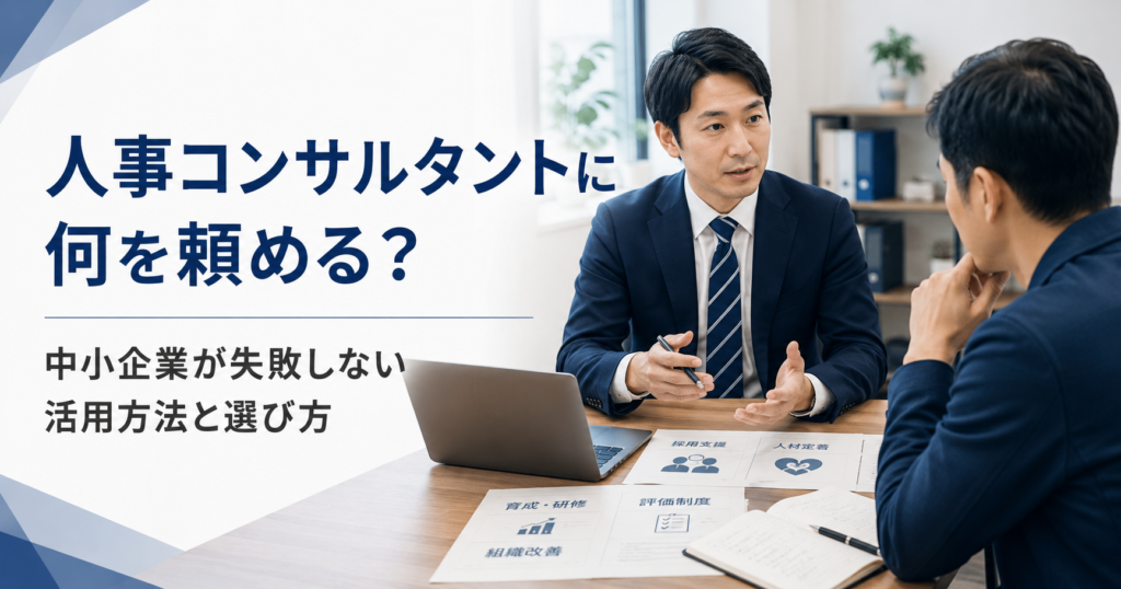 人事コンサルタントに何を頼めるかや中小企業が失敗しない活用方法と選び方を話し合う経営者と人事担当者のアイキャッチ画像