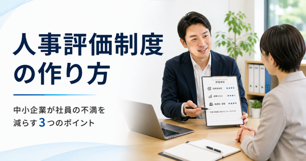 人事評価制度の作り方や中小企業が社員の不満を減らす評価制度の見直し方を確認する経営者と人事担当者のアイキャッチ画像
