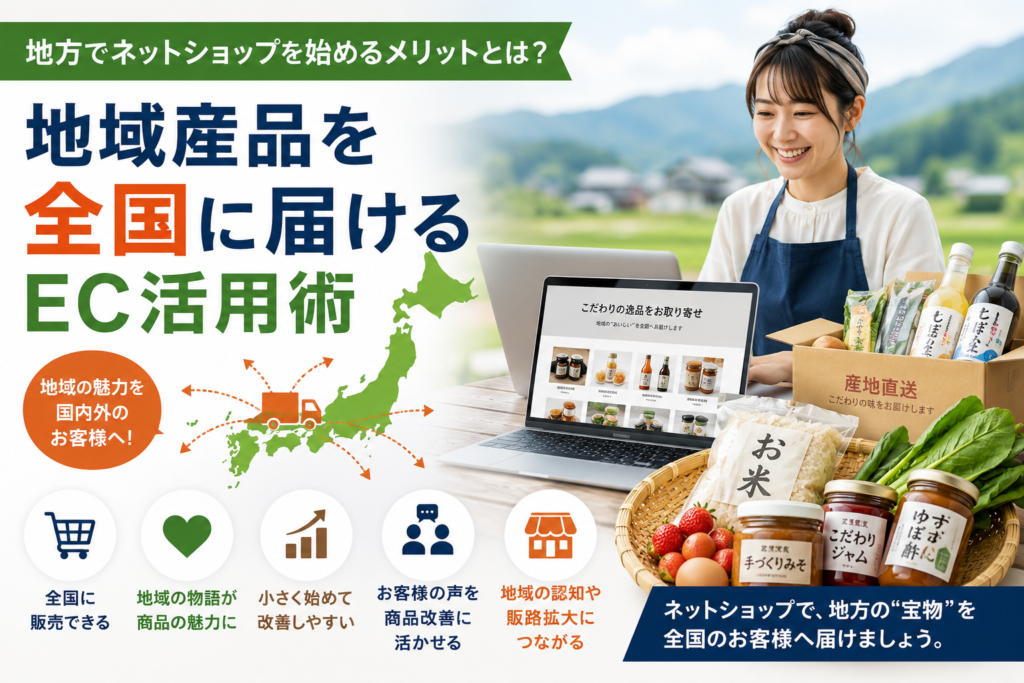 地方でネットショップを始めるメリットや地域産品を全国に届けるEC活用について話し合う中小企業の事業者のアイキャッチ画像