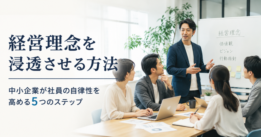 経営理念を浸透させる方法や中小企業が社員の自律性を高める組織づくりについて話し合う経営者と社員のアイキャッチ画像