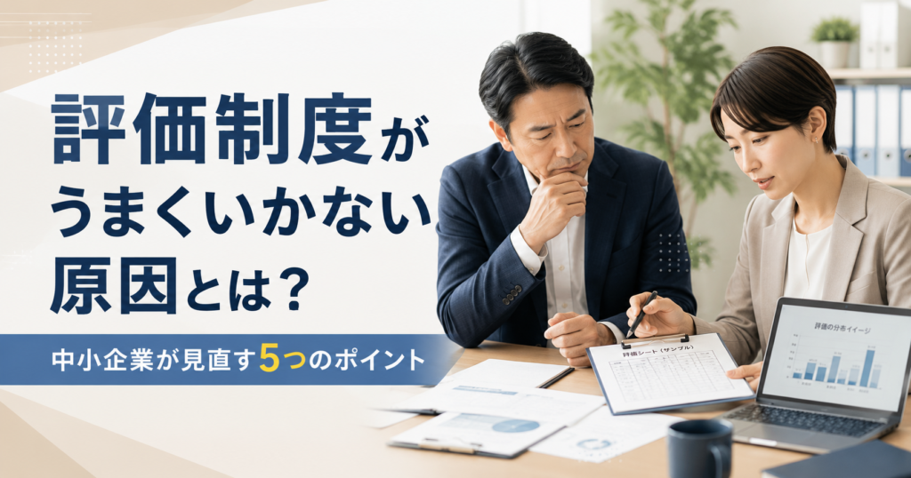 評価制度がうまくいかない原因や中小企業が社員の納得感を高めるために見直すべきポイントを話し合う経営者と人事担当者のアイキャッチ画像