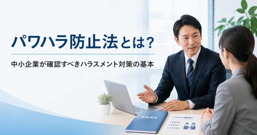 パワハラ防止法の基本や中小企業が確認すべきハラスメント対策について話し合う経営者と人事担当者のアイキャッチ画像