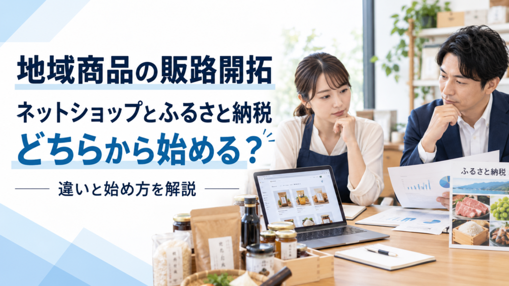 地域商品を全国へ届けたい中小企業の事業者が、ネットショップとふるさと納税の違いや必要な準備を比較検討している様子