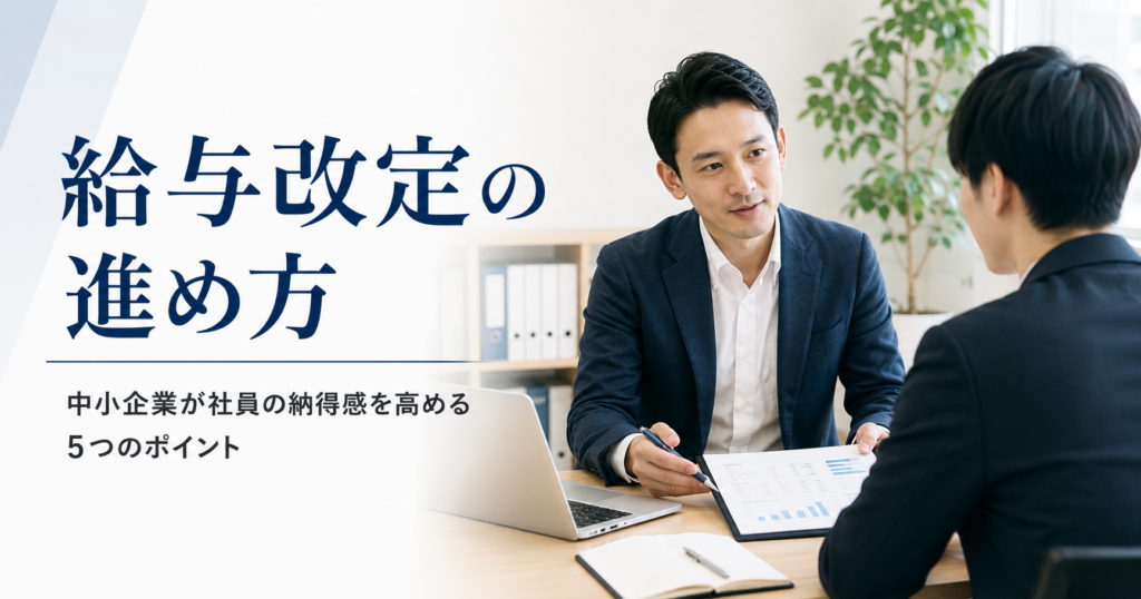 給与改定の進め方や中小企業が社員の納得感を高めるポイントを話し合う経営者と人事担当者のアイキャッチ画像