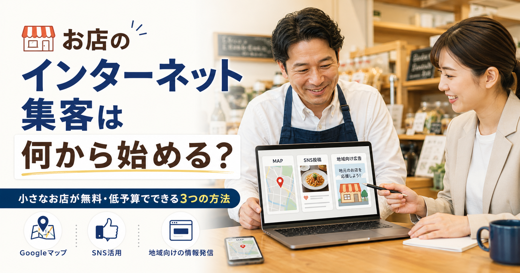 お店のインターネット集客を始める方法を確認する小規模店舗の店主とWeb担当者のアイキャッチ画像