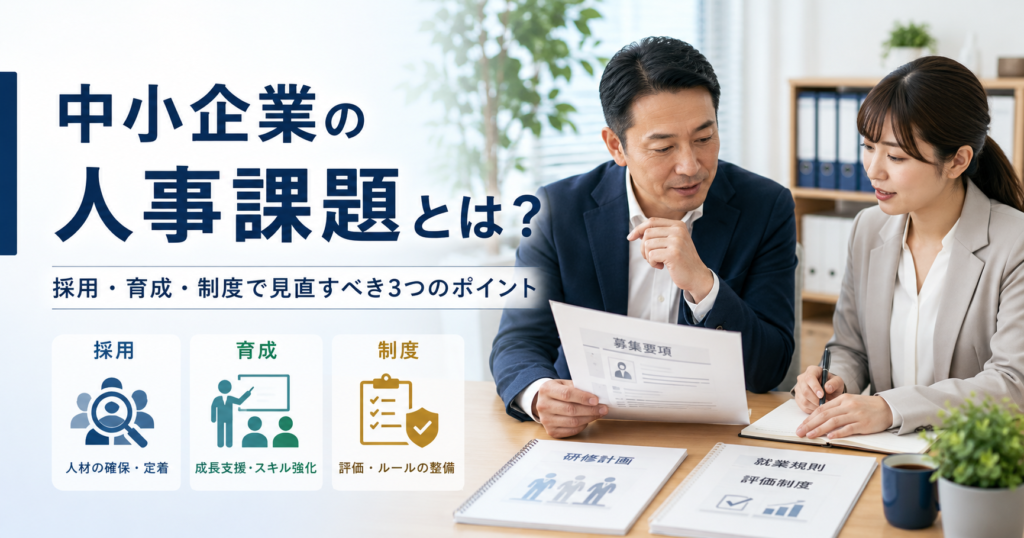 中小企業の人事課題や採用・育成・制度で見直すべきポイントを確認する経営者と人事担当者のアイキャッチ画像