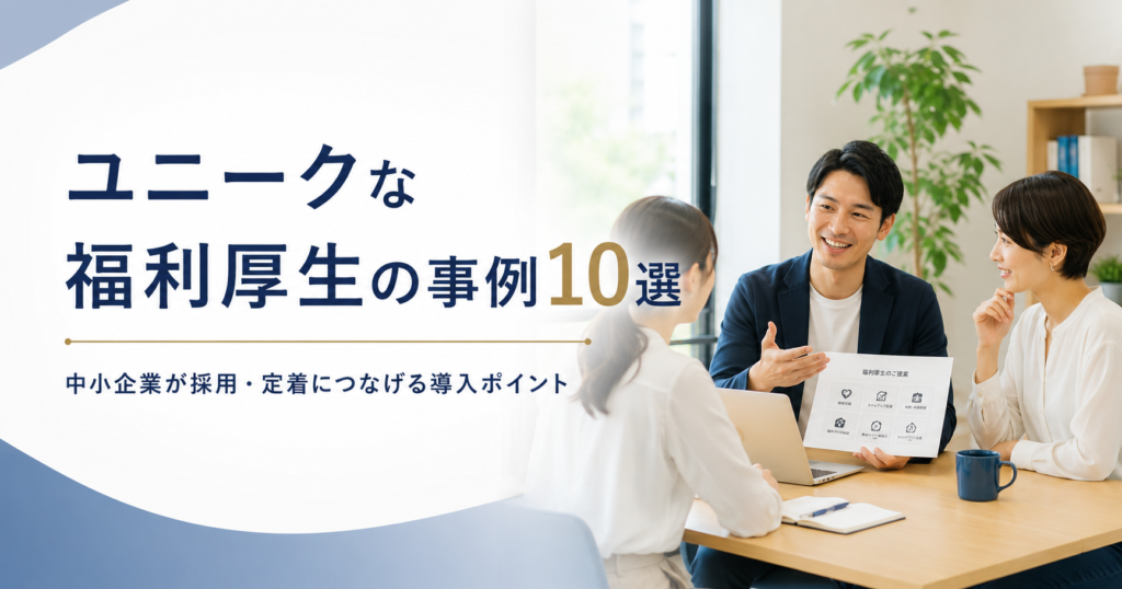 ユニークな福利厚生の事例や中小企業が採用・定着につなげる導入ポイントを話し合う経営者と人事担当者のアイキャッチ画像