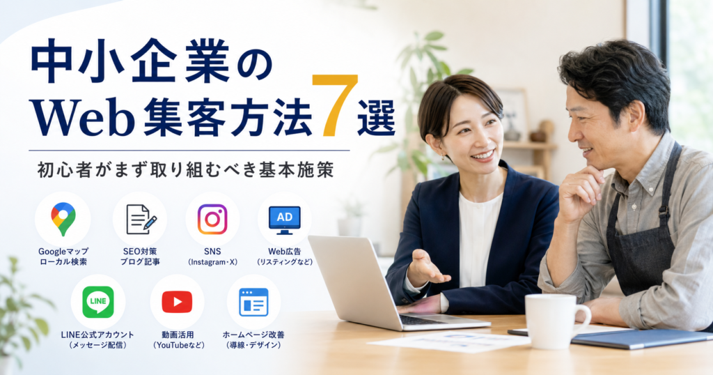 中小企業のWeb集客方法や初心者がまず取り組むべき基本施策を話し合う経営者とWeb担当者のアイキャッチ画像