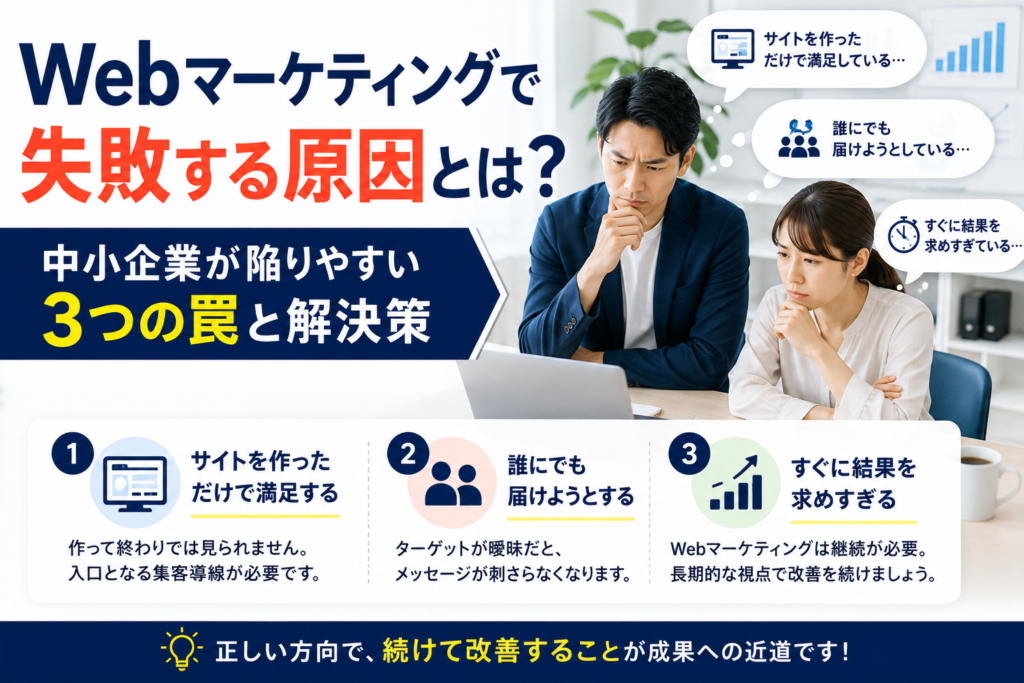 Webマーケティングで失敗する原因を確認する中小企業の経営者と担当者のアイキャッチ画像