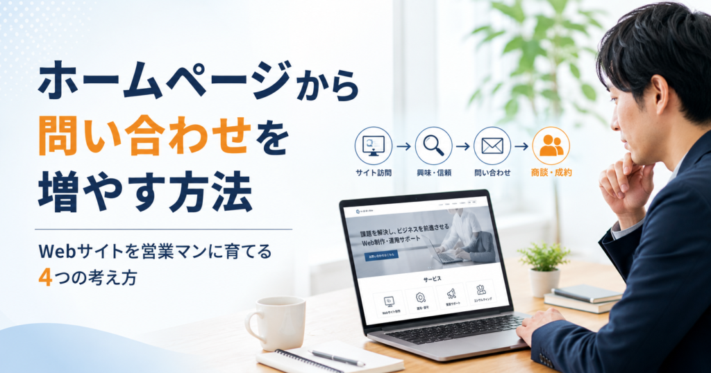 ホームページから問い合わせを増やす方法やWebサイトを営業マンとして機能させる考え方を確認する中小企業の経営者と担当者のアイキャッチ画像