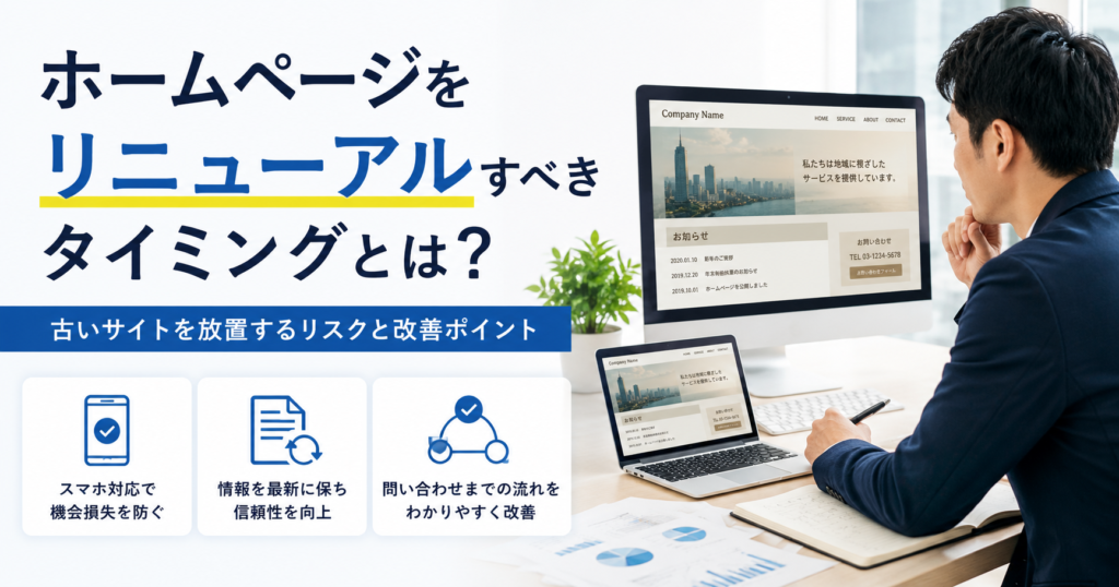 ホームページをリニューアルすべきタイミングや古いサイトを放置するリスクを確認する中小企業の経営者と担当者のアイキャッチ画像