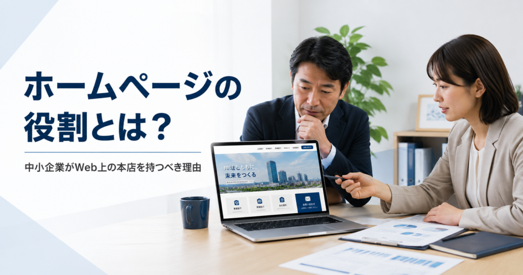 ホームページの役割やWeb上の本店としての重要性を確認する中小企業の経営者と担当者のアイキャッチ画像