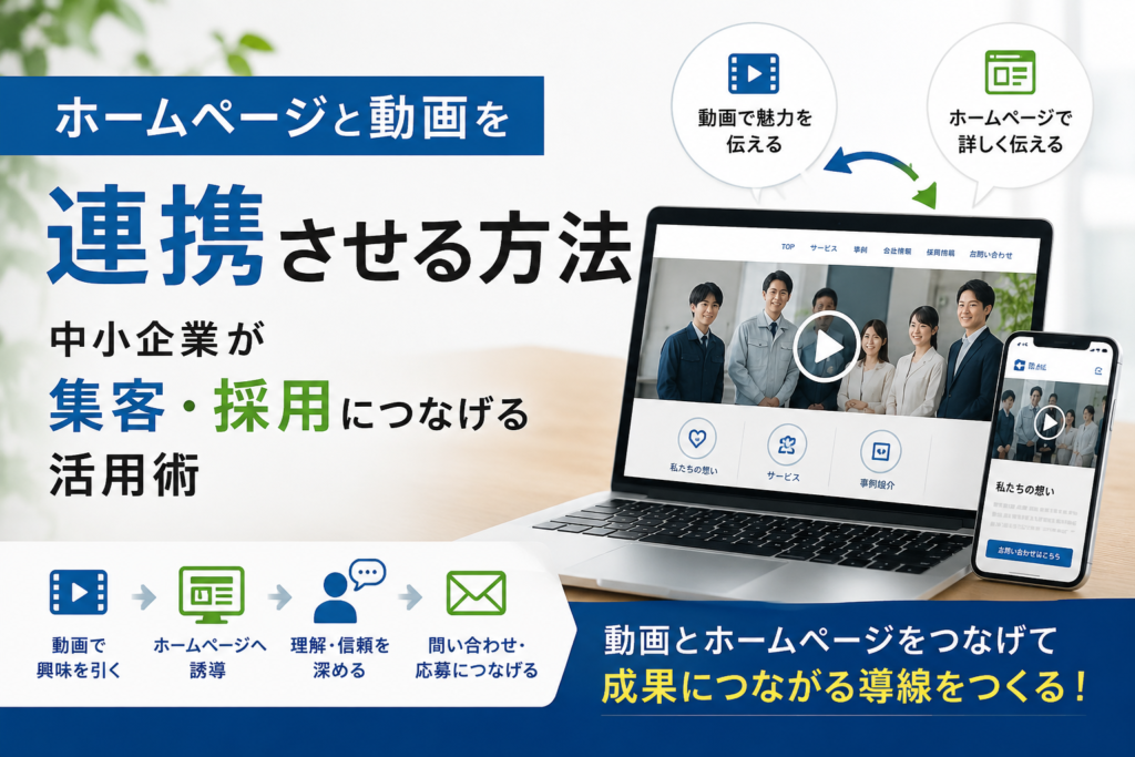 ホームページと動画を連携させて集客や採用につなげる方法を確認する中小企業の経営者と担当者のアイキャッチ画像