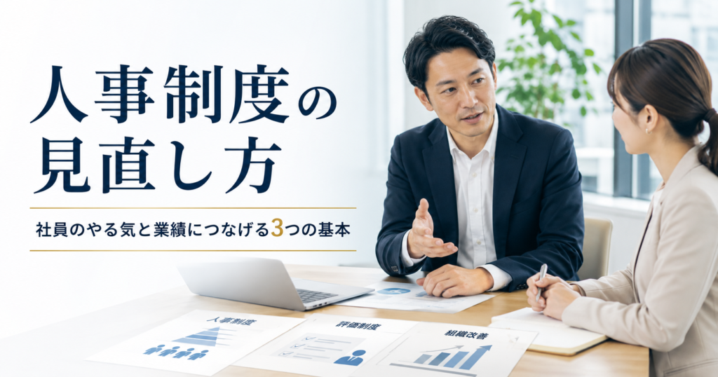 人事制度の見直し方や中小企業が社員のやる気と業績につなげるための基本を話し合う経営者と人事担当者のアイキャッチ画像