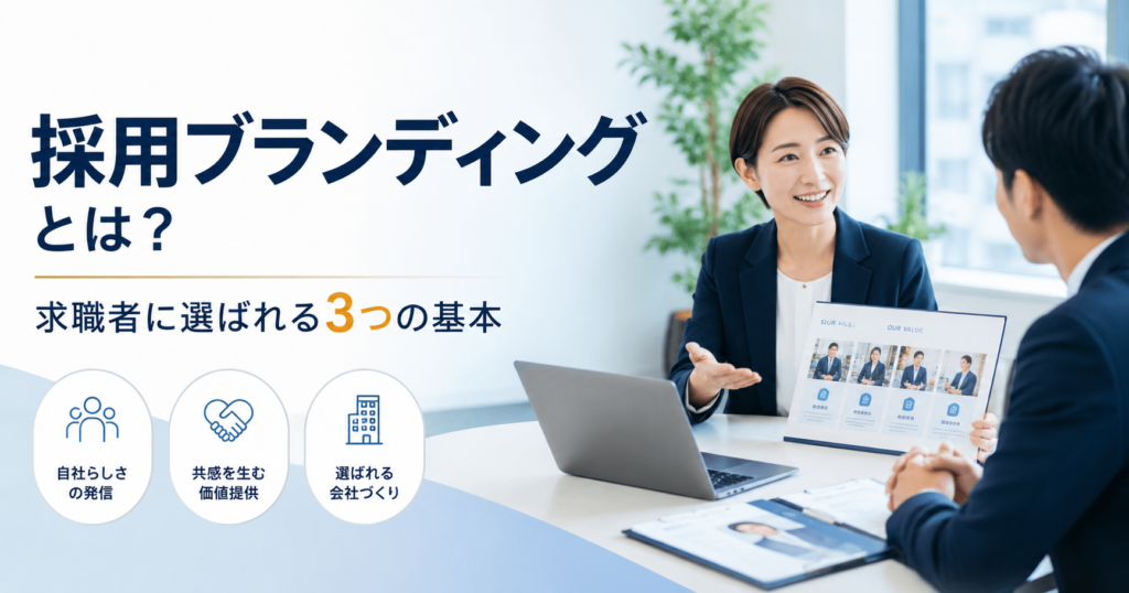 採用ブランディングとは何かを整理し、中小企業が求職者に選ばれるための基本を話し合う経営者と採用担当者のアイキャッチ画像