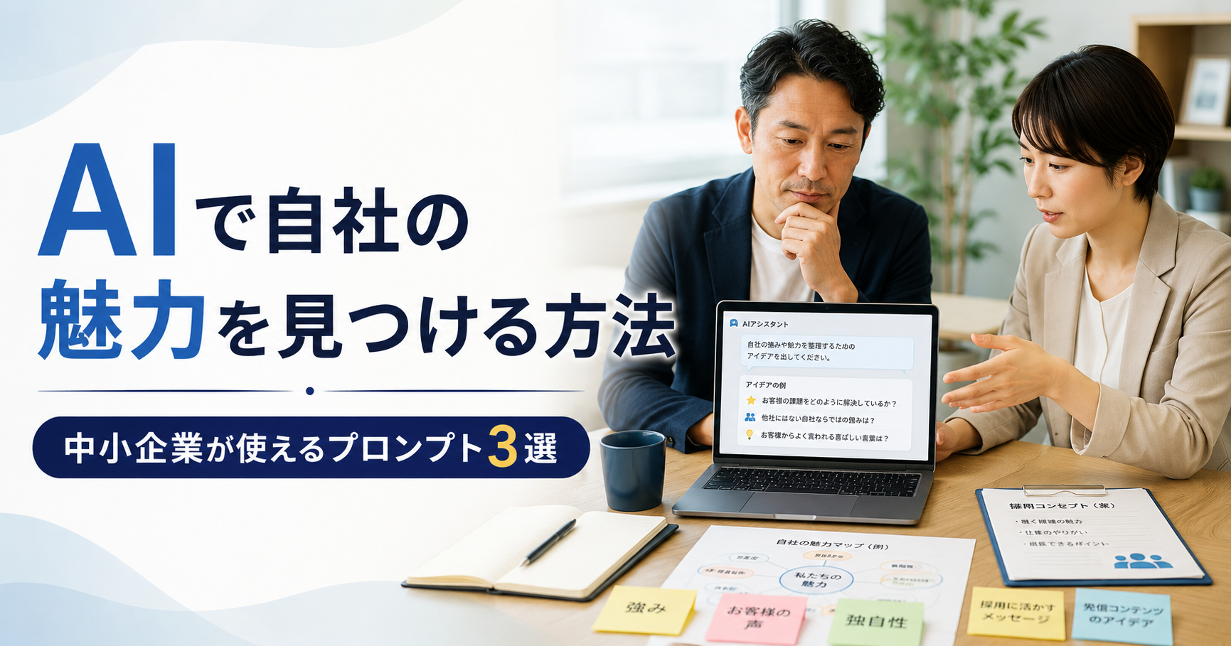 AIで自社の魅力を見つける方法や中小企業が使えるプロンプトを確認する経営者とWeb担当者のアイキャッチ画像
