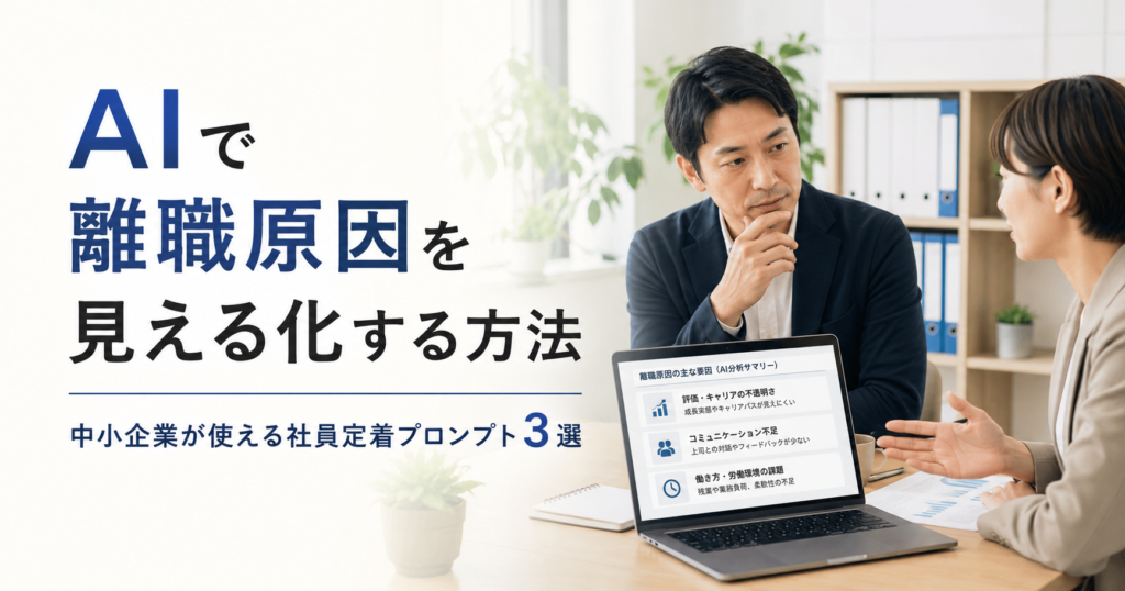 AIで離職原因を見える化する方法や中小企業が使える社員定着プロンプトを確認する経営者と人事担当者のアイキャッチ画像