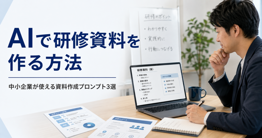 AIで研修資料を作る方法や中小企業が使える資料作成プロンプトを確認する経営者と人事担当者のアイキャッチ画像
