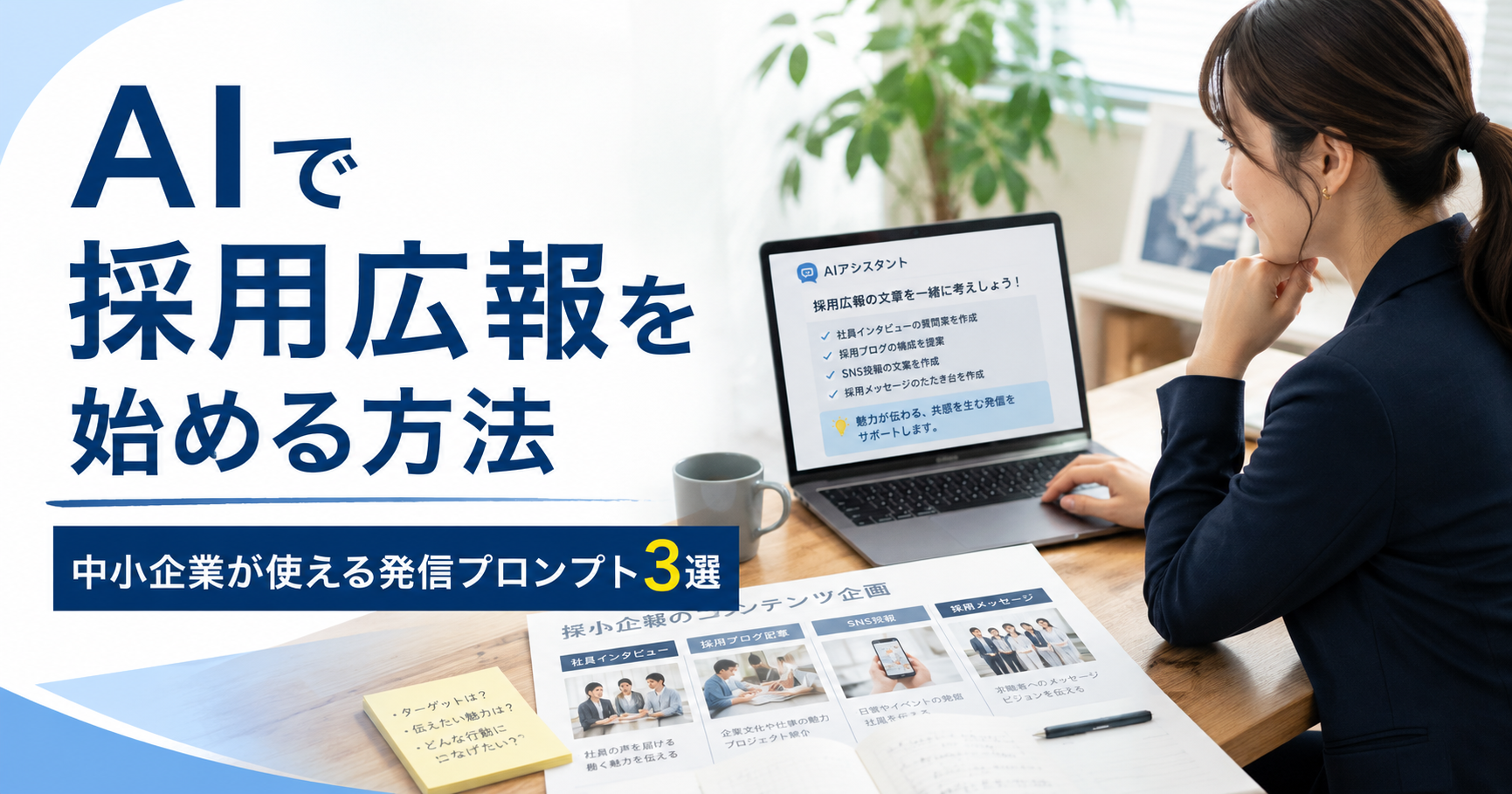 AIで採用広報を始める方法や中小企業が使える発信プロンプトを確認する経営者と採用担当者のアイキャッチ画像