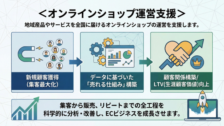＜オンラインショップ運営支援＞
地域産品やサービスを全国に届けるオンラインショップの運営を支援します。