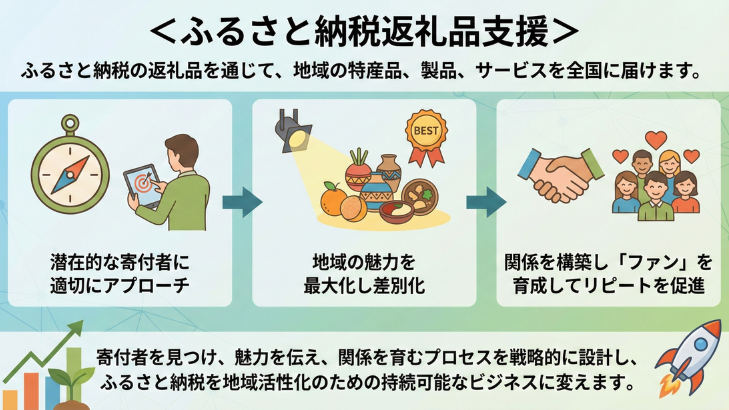 ＜ふるさと納税返礼品支援＞ ふるさと納税の返礼品を通じて、地域の特産品、製品、サービスを全国に届けます。