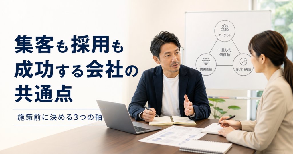 集客も採用も成功する会社の共通点や中小企業が施策前に決めるべき軸を確認する経営者とWeb担当者のアイキャッチ画像