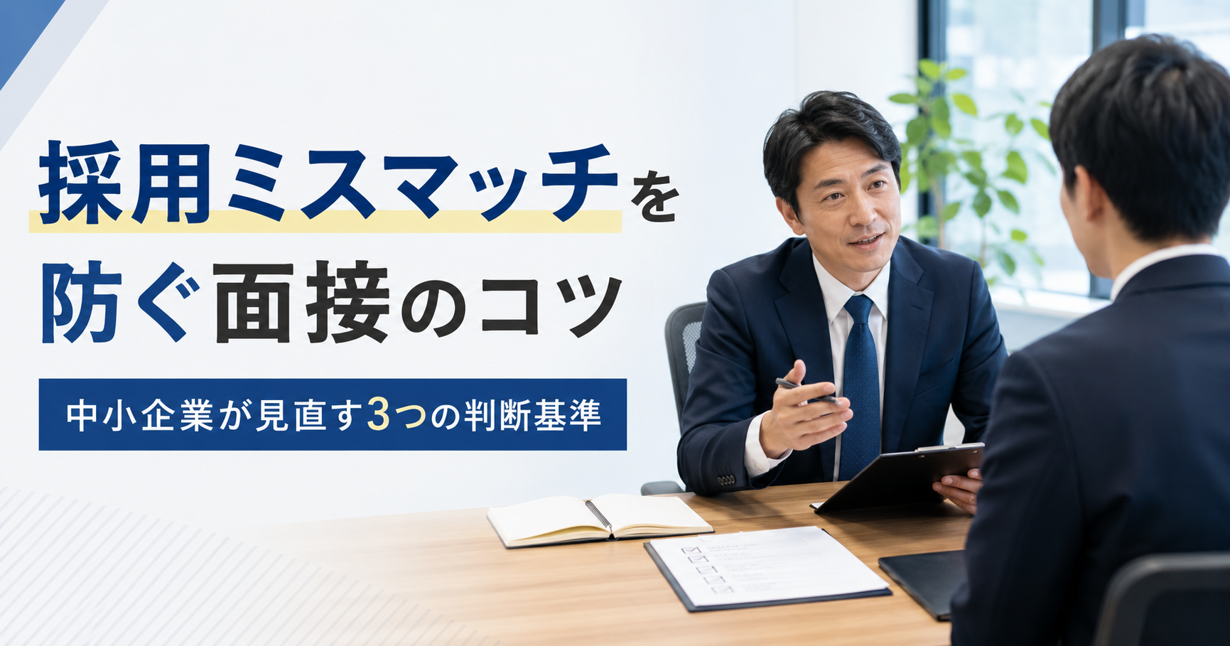 採用ミスマッチを防ぐ面接のコツや中小企業が見直すべき判断基準を確認する経営者と採用担当者のアイキャッチ画像