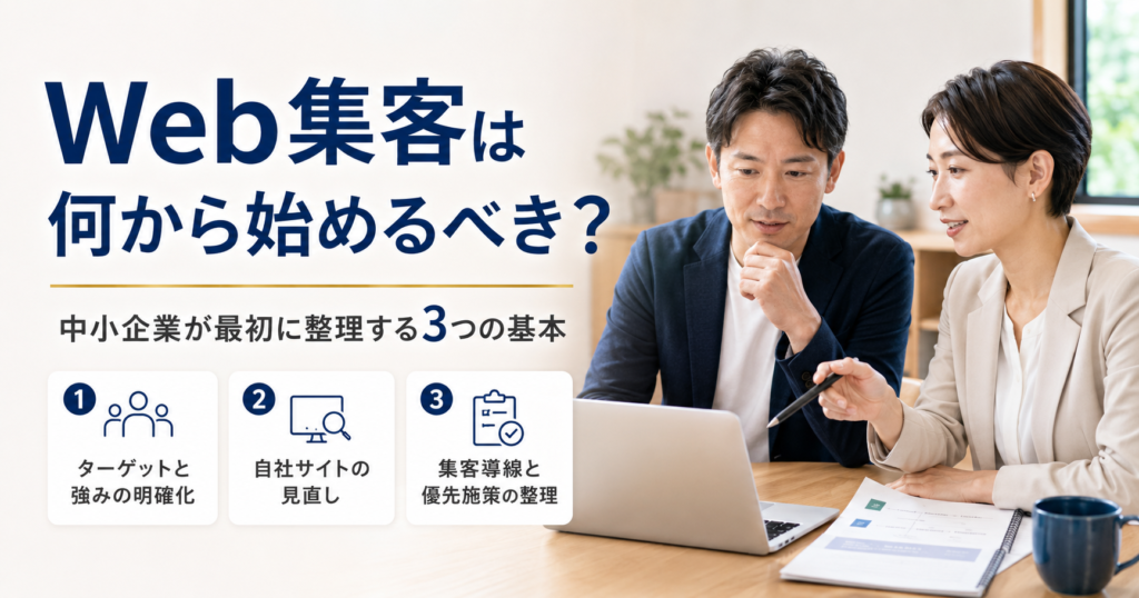 Web集客は何から始めるべきか悩む中小企業が最初に整理すべき基本を確認する経営者とWeb担当者のアイキャッチ画像
