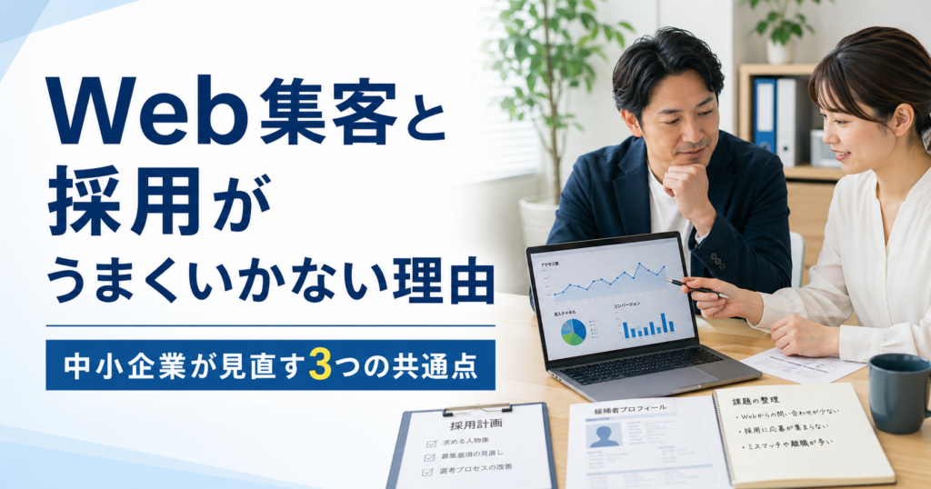 Web集客と採用がうまくいかない理由や中小企業が見直すべき共通点を確認する経営者とWeb担当者のアイキャッチ画像