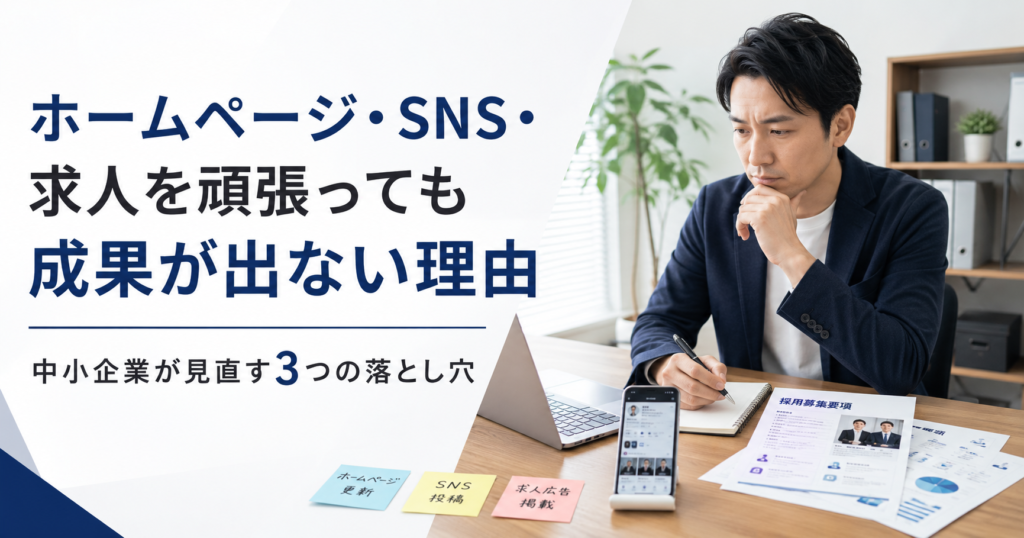 ホームページやSNSや求人を頑張っても成果が出ない理由と中小企業が見直すべき落とし穴を確認する経営者とWeb担当者のアイキャッチ画像