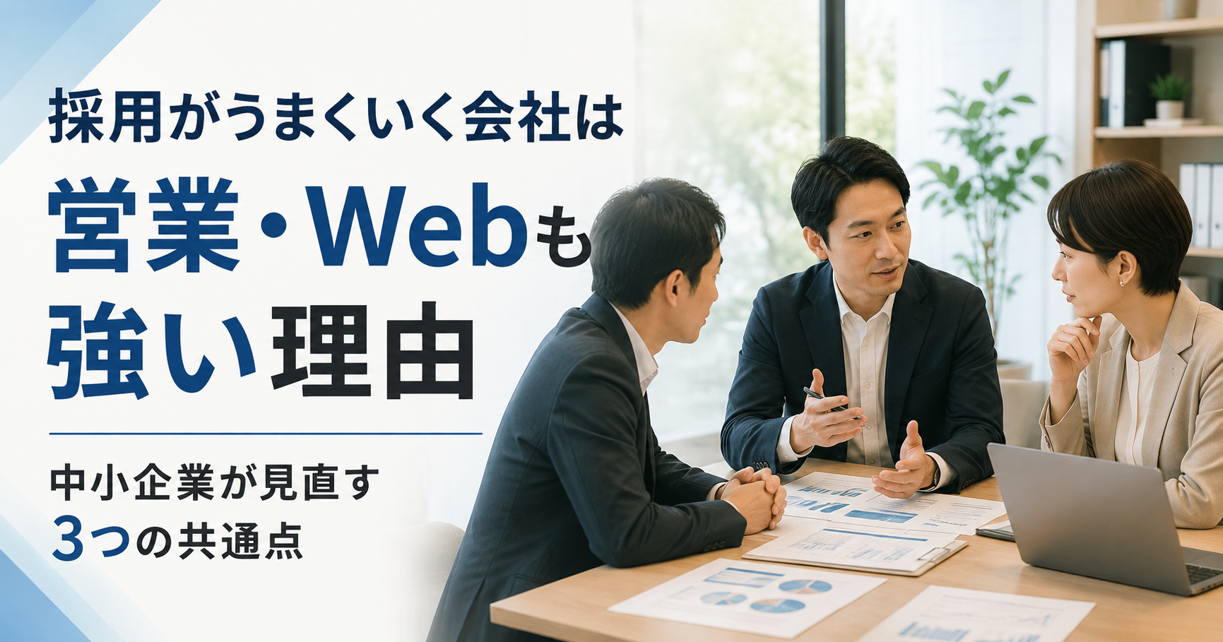 採用がうまくいく会社は営業やWeb集客も強い理由と中小企業が見直すべき共通点を確認する経営者と採用担当者のアイキャッチ画像