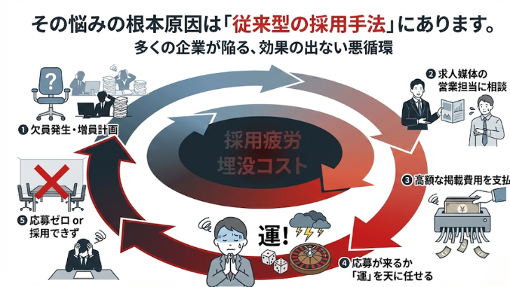 その悩みの根本原因は「従来型の採用手法」にあります。 多くの企業が陥る、効果の出ない悪循環 ①欠員発生・増員計画 ②求人媒体の営業担当に相談 ③高額な掲載費用を支払う ④応募が来るか「運」を天に任せる ⑤応募ゼロ or 採用できず