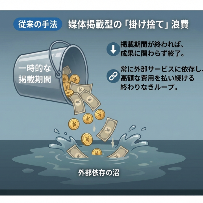 従来の手法:媒体掲載型の「掛け捨て」浪費