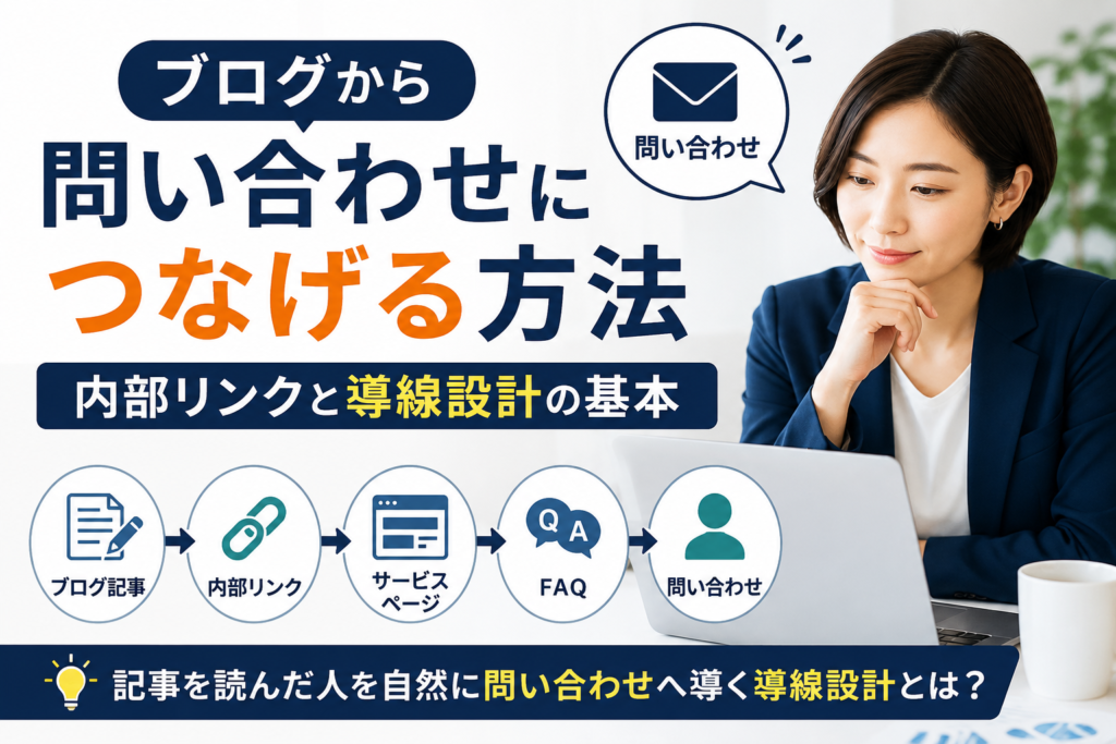 ブログから問い合わせにつなげる方法や中小企業が内部リンクと導線設計を見直すポイントを確認するWeb担当者のアイキャッチ画像