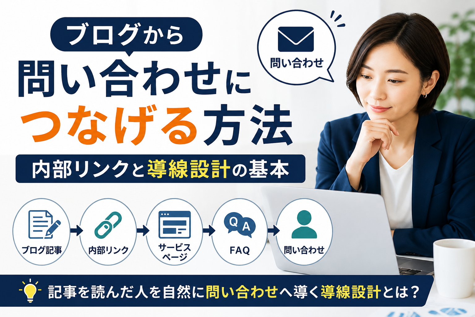 ブログから問い合わせにつなげる方法や中小企業が内部リンクと導線設計を見直すポイントを確認するWeb担当者のアイキャッチ画像