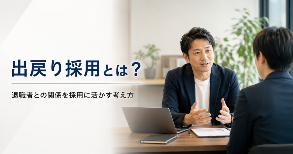 出戻り採用とは何かや中小企業が退職者との関係を採用に活かす方法を確認する経営者と採用担当者のアイキャッチ画像