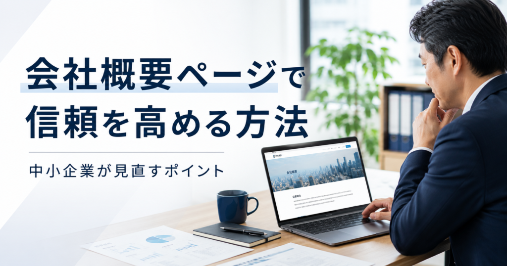 会社概要ページで信頼を高める方法や中小企業が問い合わせ前の不安を減らすために見直すポイントを確認するWeb担当者のアイキャッチ画像