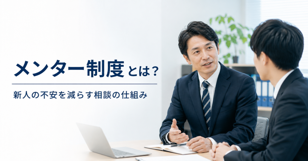 メンター制度とは何かや中小企業が新人の不安を減らすための相談体制を確認する先輩社員と新入社員のアイキャッチ画像