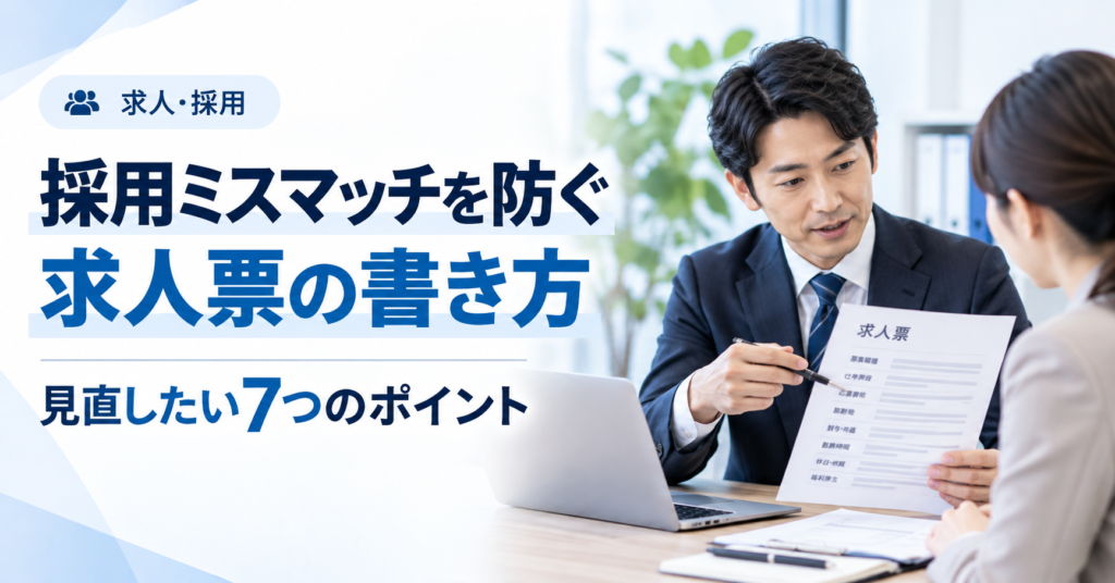 中小企業の採用担当者が、仕事内容や勤務条件、求める人物像を具体化し、採用ミスマッチを防ぐために求人票を見直している様子