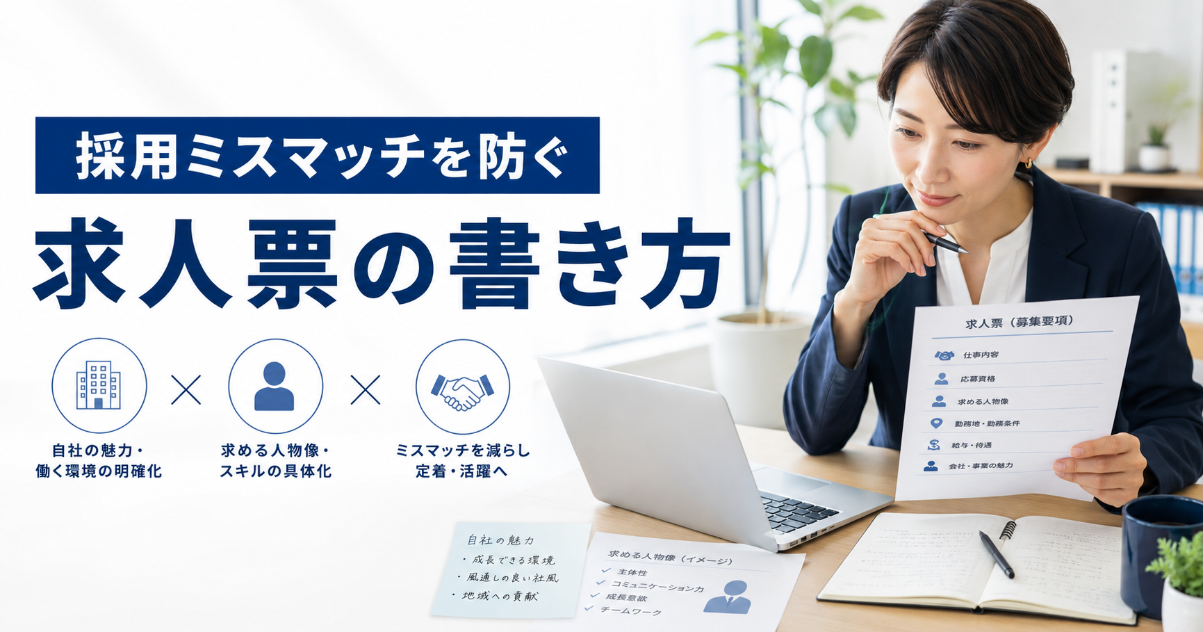 採用ミスマッチを防ぐために中小企業が求人票の仕事内容や向いている人を見直している採用担当者のアイキャッチ画像