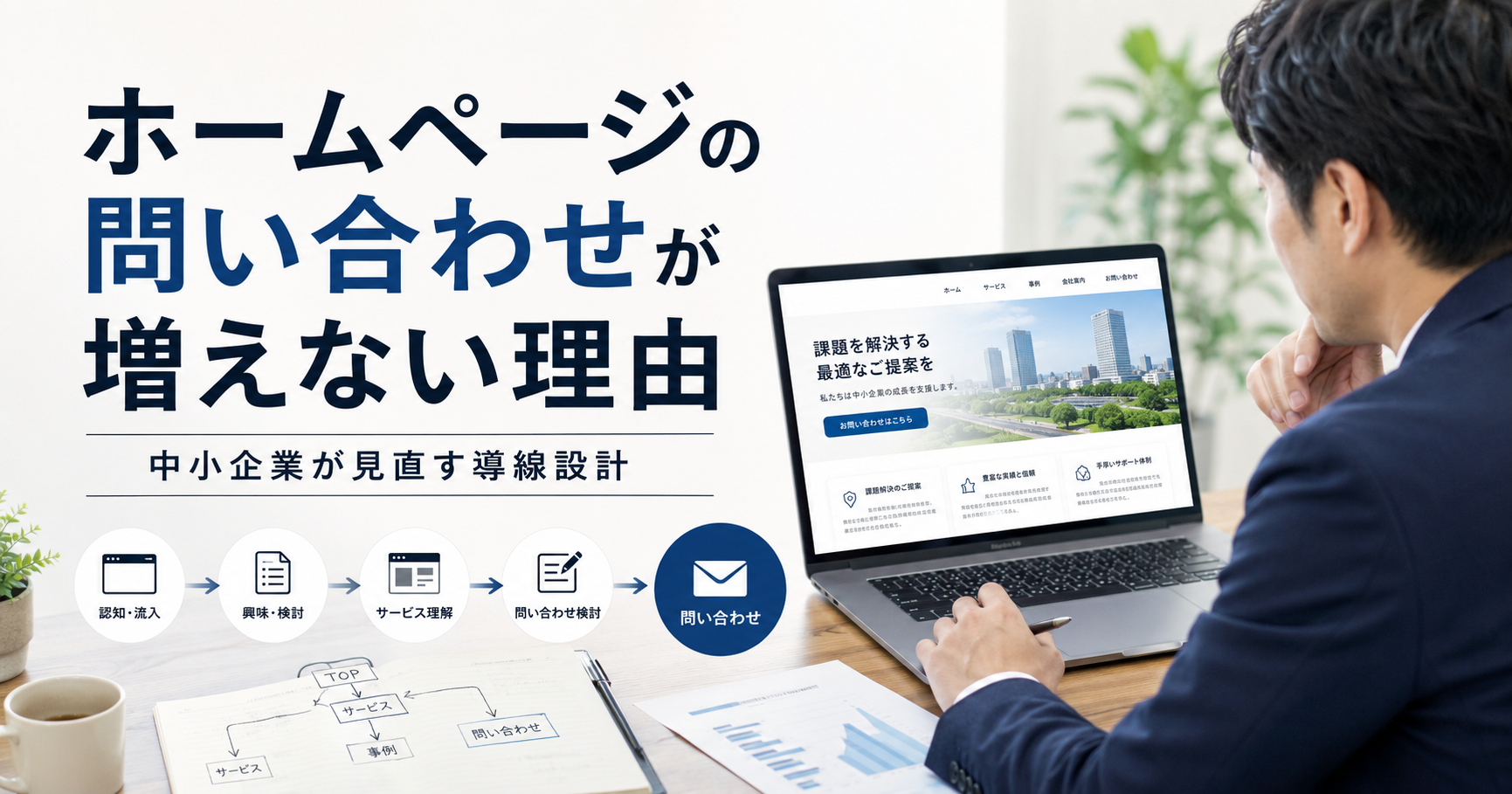 ホームページの問い合わせが増えない理由や中小企業が見直すべき導線設計を確認するWeb担当者のアイキャッチ画像