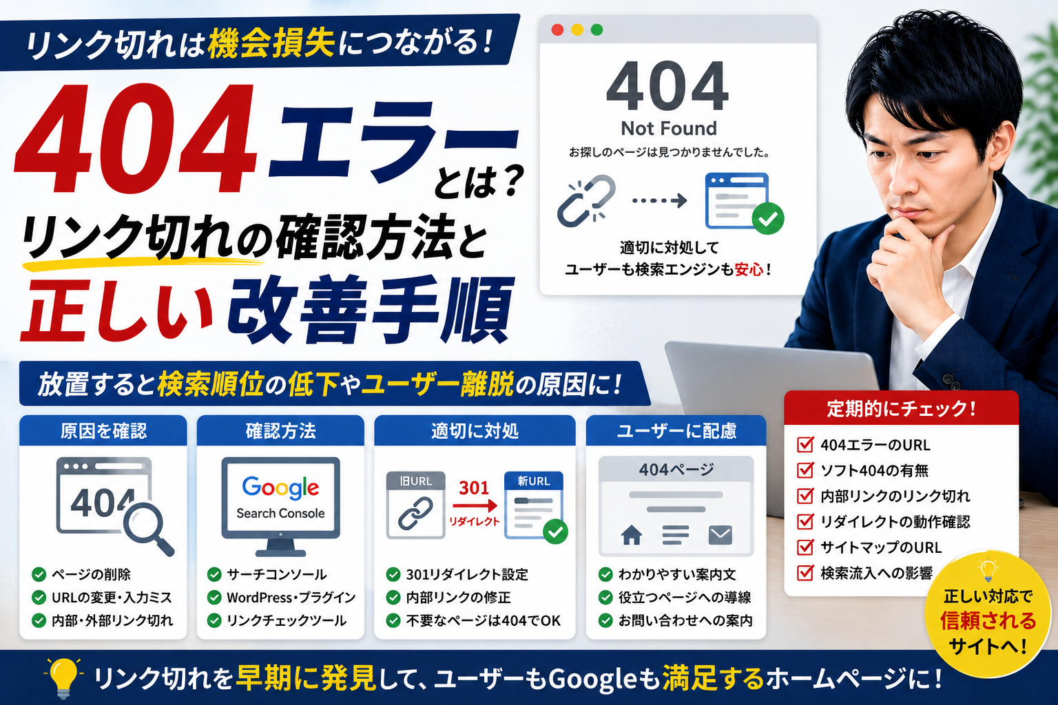 GoogleサーチコンソールとWordPressで404エラーやリンク切れを確認する中小企業の担当者
