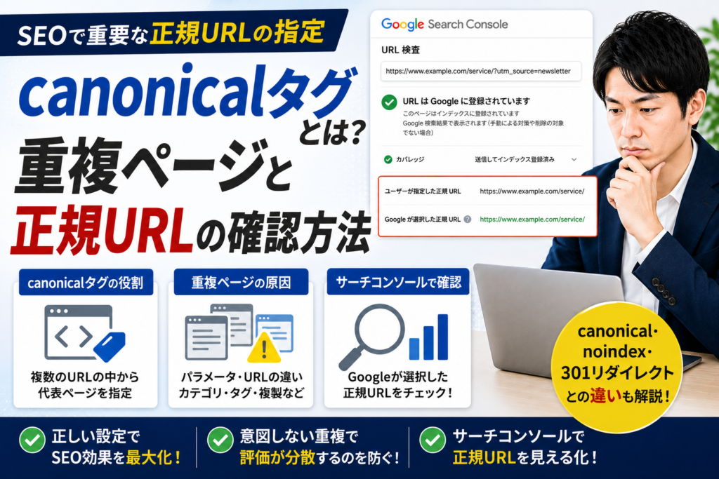 Googleサーチコンソールでcanonicalタグと正規URLを確認する中小企業の担当者